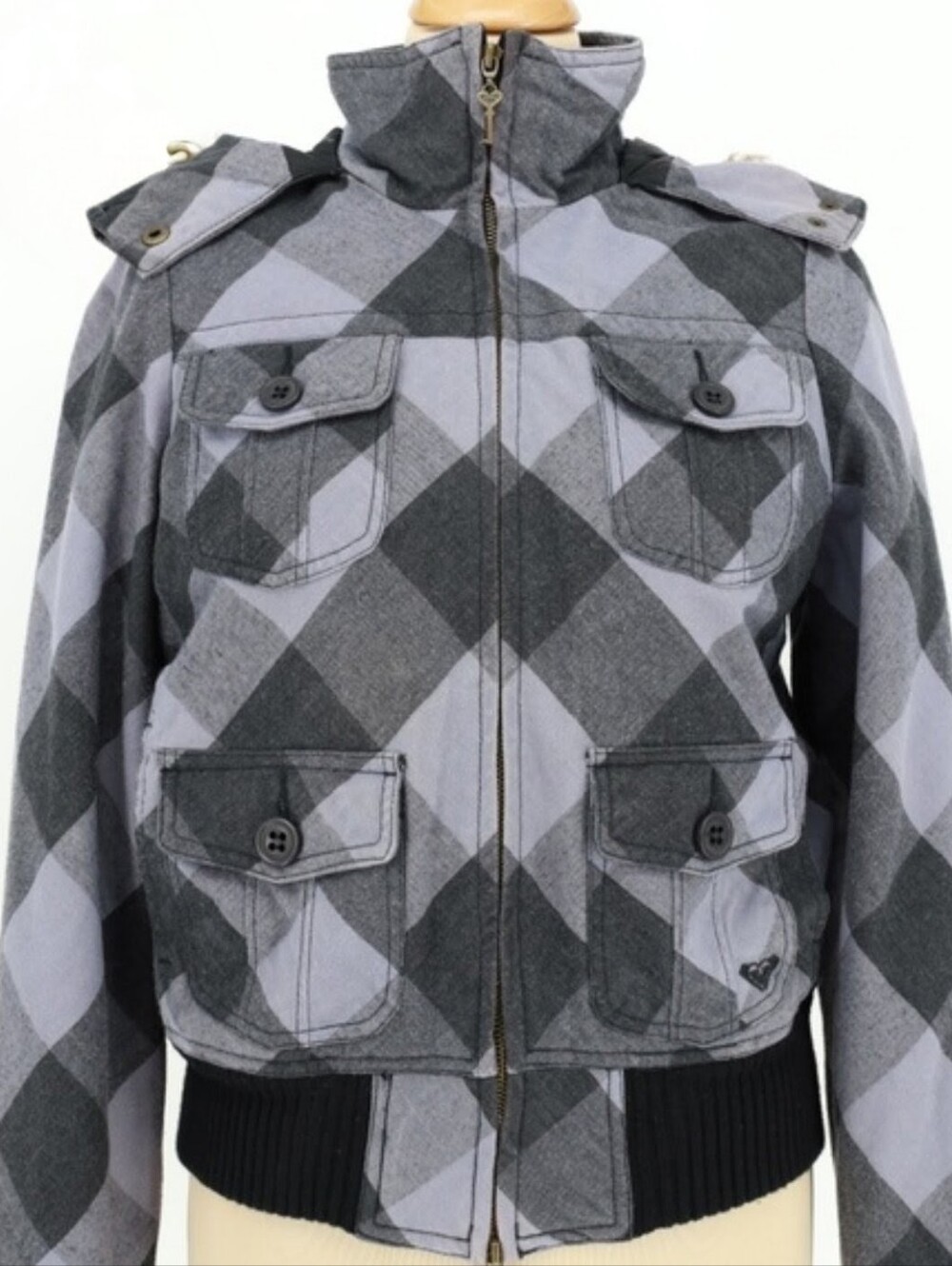 Roxy Gray Checkered Bomber Jacket Size Medium - Picture 5 of 11